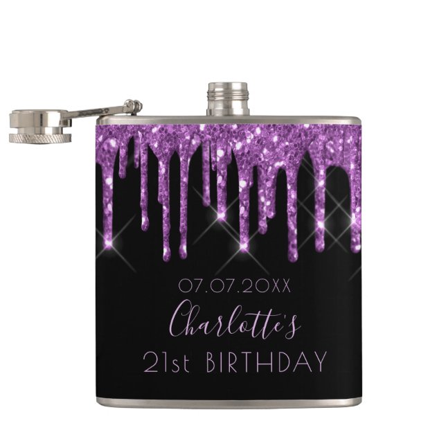 21st birthday purple glitter drips black monogram flask (Opened)