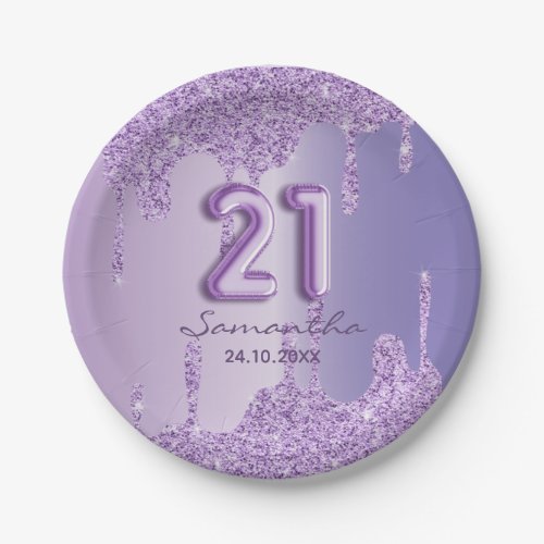21st Birthday Purple glitter drips Paper Plates