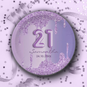 21st Birthday Purple glitter drips Paper Plates