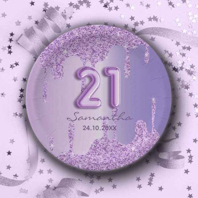 21st Birthday Purple glitter drips Paper Plates (Creator Uploaded)