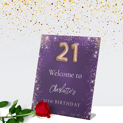 21st birthday purple glitter sparkles welcome pedestal sign