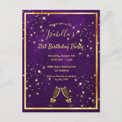 21st birthday purple gold bubbles invitation postcard