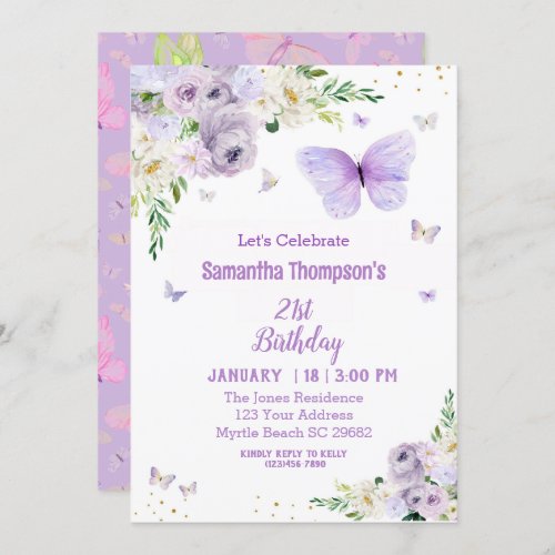 21st Birthday Purple Gold Floral Butterfly Invitation