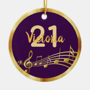 21st birthday purple gold music notes name ceramic ornament