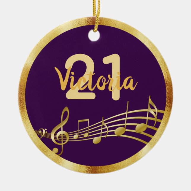 21st birthday purple gold music notes name ceramic ornament (Front)