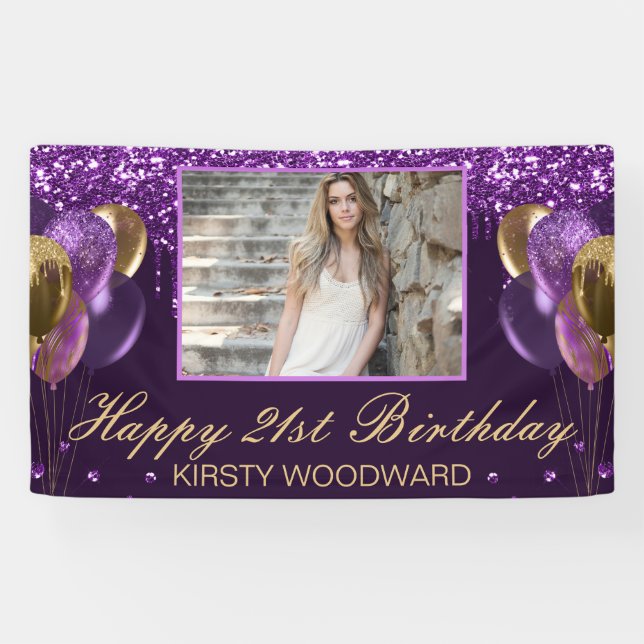 21st Birthday Purple & Gold with Custom Photo Banner (Horizontal)