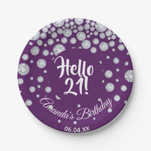 21st birthday purple hello 21 diamonds glam paper plates