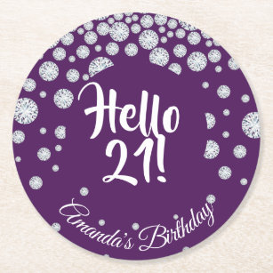 21st birthday purple hello 21 diamonds glam round paper coaster