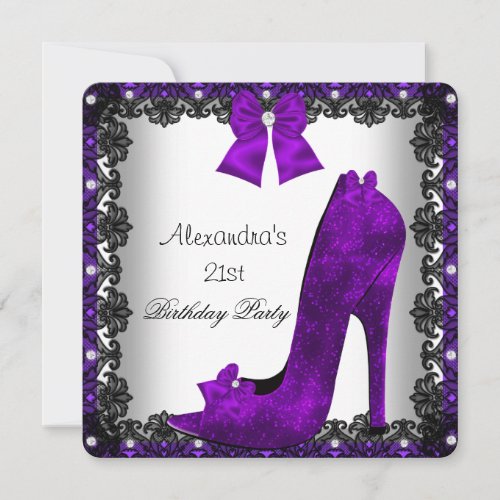 21st Birthday Purple High Heel Shoe Black Lace Invitation