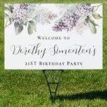 21st Birthday Purple Lilac Flower Welcome Yard Sign<br><div class="desc">Soft watercolor purple lilacs create a pretty springtime 21st birthday welcome yard sign. The calligraphy adds an elegant touch. All of the text is easily edited. This item is part of the Purple Spring Lilac Flower collection. It lets you choose a theme and then easily create a unique invitation suite,...</div>