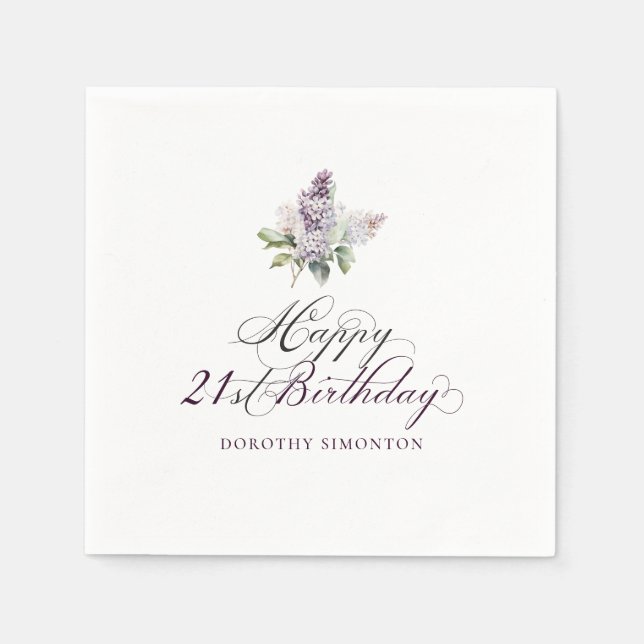 21st Birthday Purple Lilac Spring Flower Cocktail Napkins (Front)