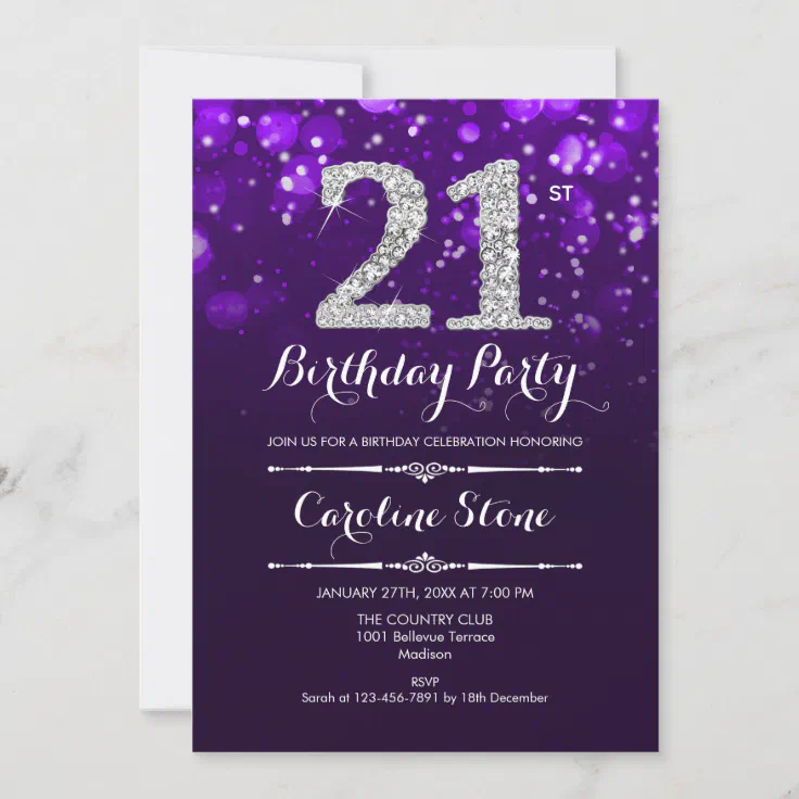 21st Birthday - Purple Silver Invitation | Zazzle