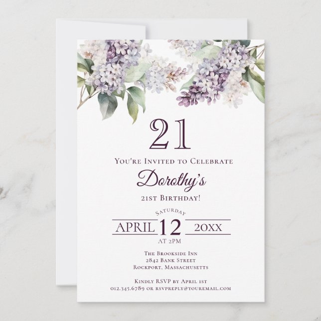 21st Birthday Purple Spring Lilac Flower Invitation (Front)