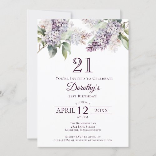 21st Birthday Purple Spring Lilac Flower Invitation