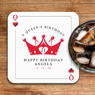 21st Birthday Queen of Hearts Casino Poker Card Square Paper Coaster
