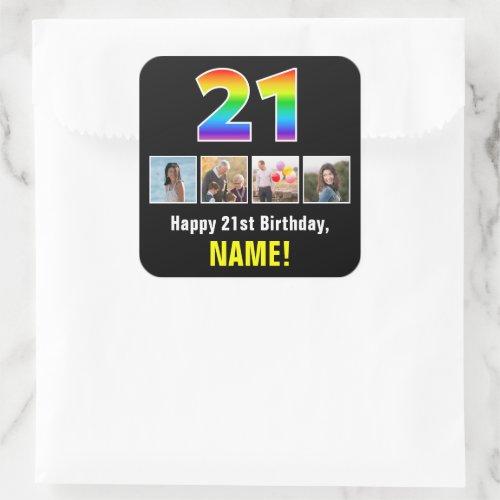 21st Birthday Rainbow 21 Custom Photos  Name Square Sticker