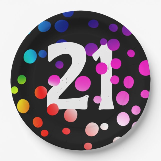 21st Birthday Rainbow Dots on Black  Paper Plates (Front)