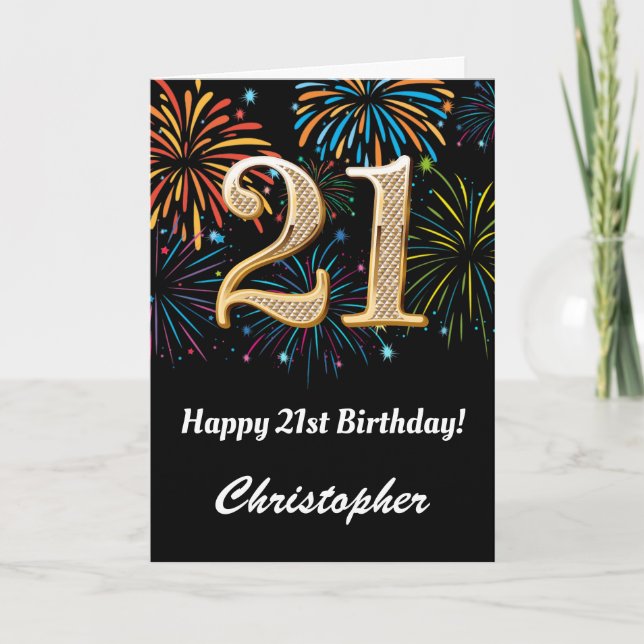 21st Birthday Rainbow Fireworks Black and Gold Card (Front)