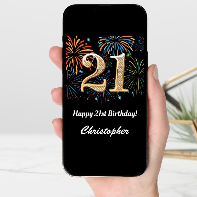 21st Birthday Rainbow Fireworks Black and Gold Card (Front Digital)