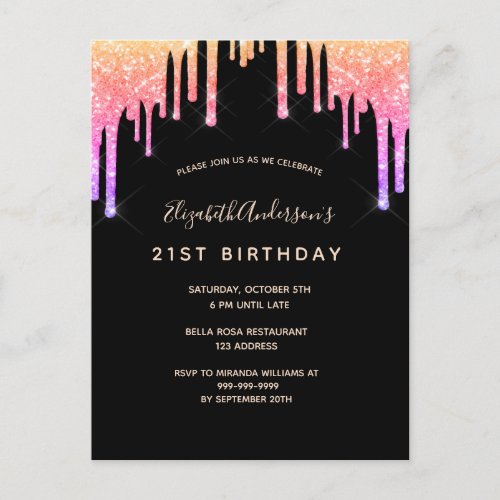 21st birthday rainbow glitter black invitation postcard