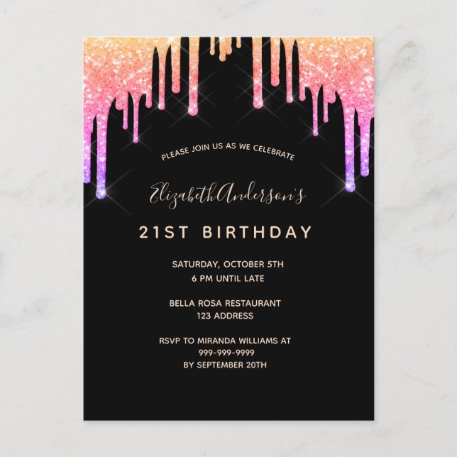 21st birthday rainbow glitter black invitation postcard (Front)