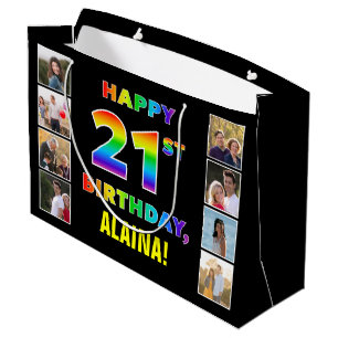 21st Birthday: Rainbow Text, Custom Photos & Name Large Gift Bag