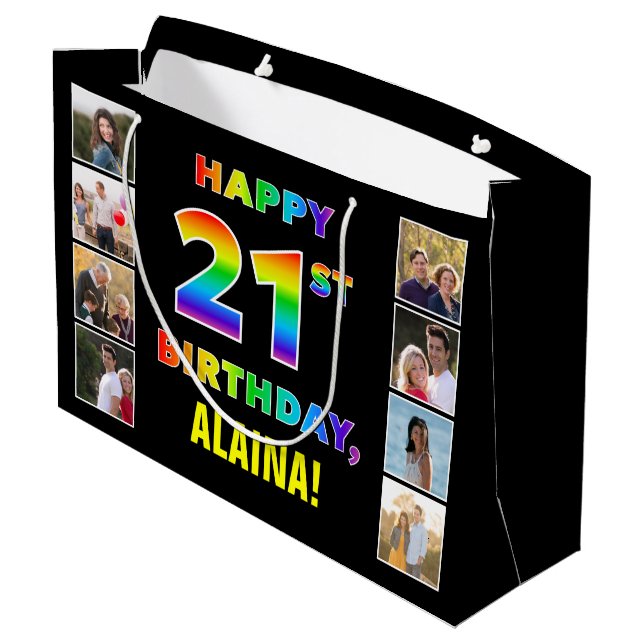 21st Birthday: Rainbow Text, Custom Photos & Name Large Gift Bag (Back Angled)