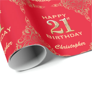 21st Birthday Red and Gold Glitter Frame Wrapping Paper
