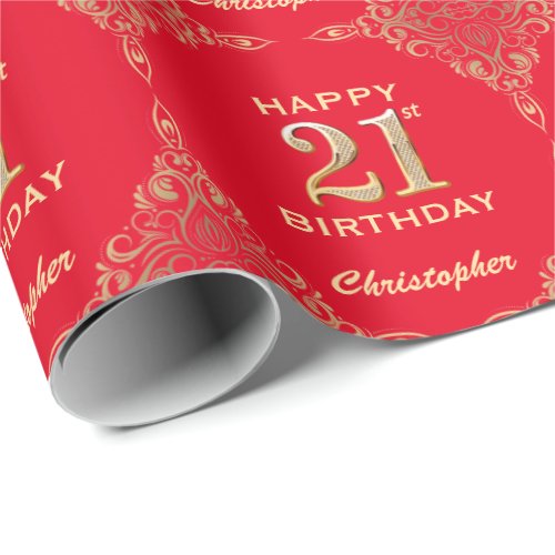 21st Birthday Red and Gold Glitter Frame Wrapping Paper