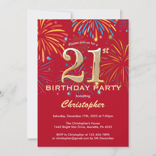 21st Birthday Red and Gold Rainbow Fireworks Invitation (Front)