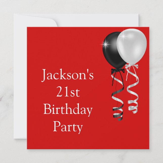 21st Birthday Red Black Silver White Balloons Invitation (Front)