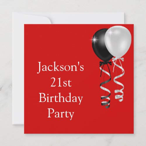 21st Birthday Red Black Silver White Balloons Custom Invite