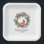 21st Birthday Red Cardinal Wreath Custom Paper Plates<br><div class="desc">Elegant watercolor red cardinal framed by a classic winter pine wreath. Red and white flowers,  berries and pinecones add to the greenery. Three lines of text let you customize your party supplies.</div>