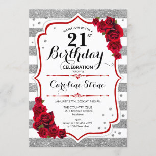 21st Birthday - Red Silver White Stripes Roses Invitation