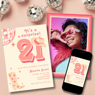 21st Birthday Retro Disco Cowgirl Photo Peach Pink Invitation