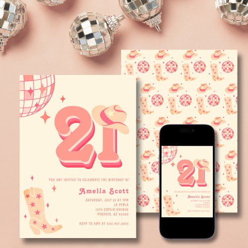 21st Birthday Retro Disco Cowgirl Rodeo Peach Pink Invitation