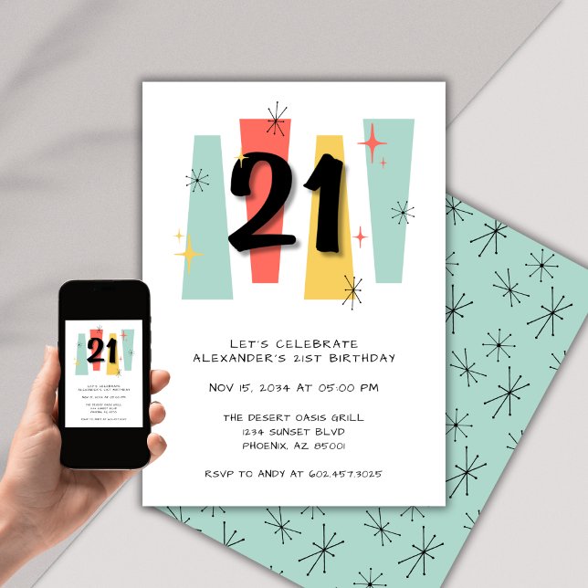 21st Birthday Retro Midcentury Modern Colorful Invitation (Creator Uploaded)