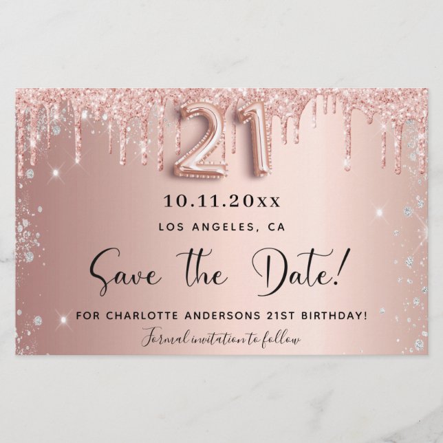 21st birthday rose drips save the date card (Front)