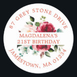 21st Birthday Rose Floral Return Address Label<br><div class="desc">Add a special touch to your birthday invitation envelopes with this elegant round design. It features a watercolor red and pink rose floral in the center. Dark green leaves give it a rustic botanical vibe. The name and birthday is written across the center on a white strip, and the address...</div>