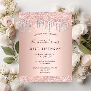 21st birthday rose glitter pink silver invitation postcard