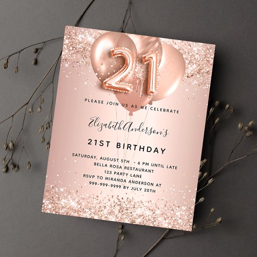 21st birthday rose gold balloons budget invitation flyer