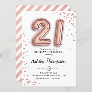 21st Birthday - Rose Gold Balloons Invitation
