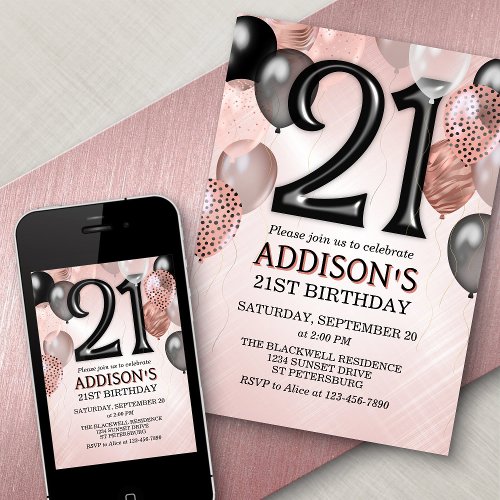 21st Birthday Rose Gold Balloons Invitation