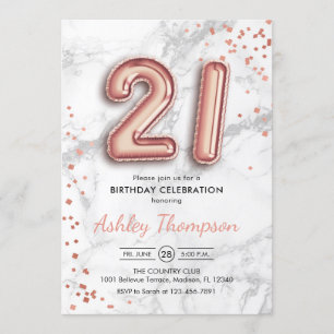 21st Birthday - Rose Gold Balloons Marble Effect Invitation