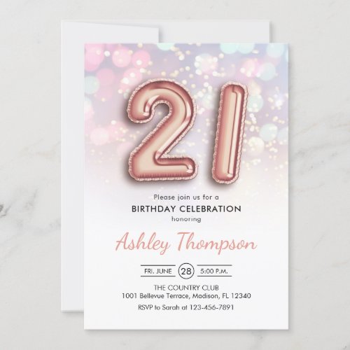 21st Birthday _ Rose Gold Balloons Pink Lights Invitation