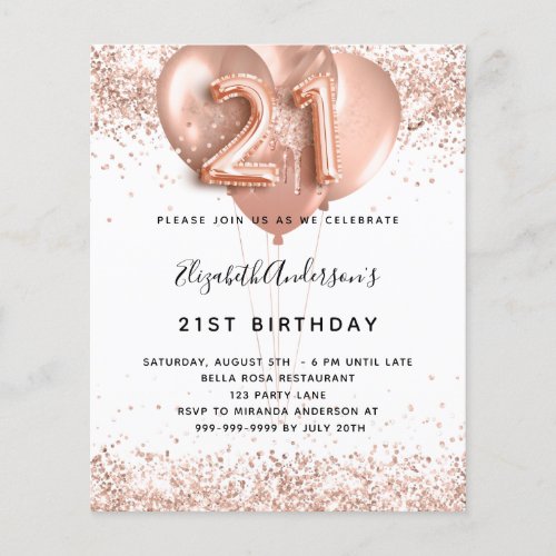 21st birthday rose gold balloons white budget flyer