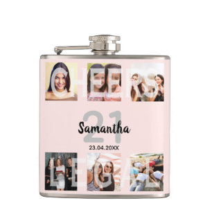 21st birthday  rose gold blush cheers photo name flask