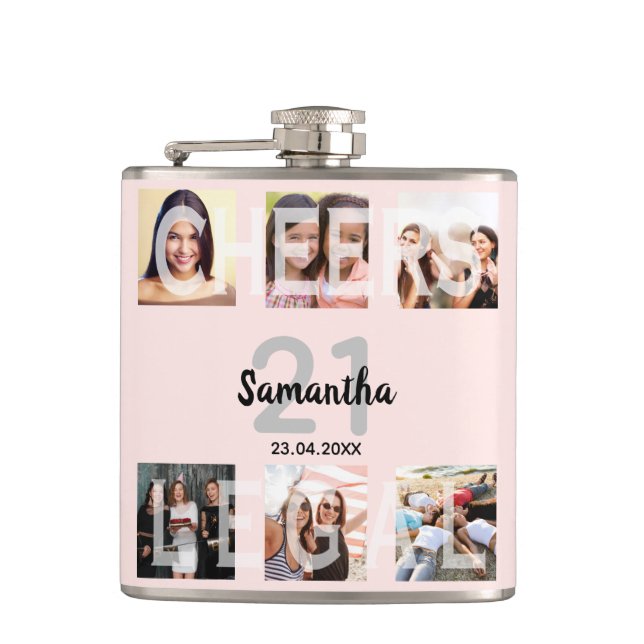 21st birthday  rose gold blush cheers photo name flask (Front)