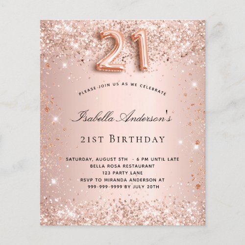 21st birthday rose gold blush glitter budget flyer