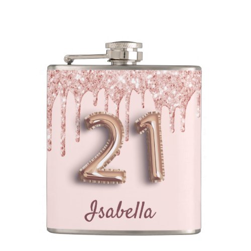 21st birthday rose gold blush glitter drip friends flask